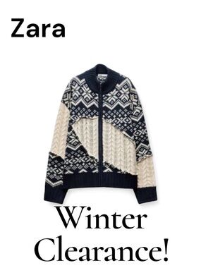 Zara. Navy and Cream Fair Isle Zip-Up Sweater